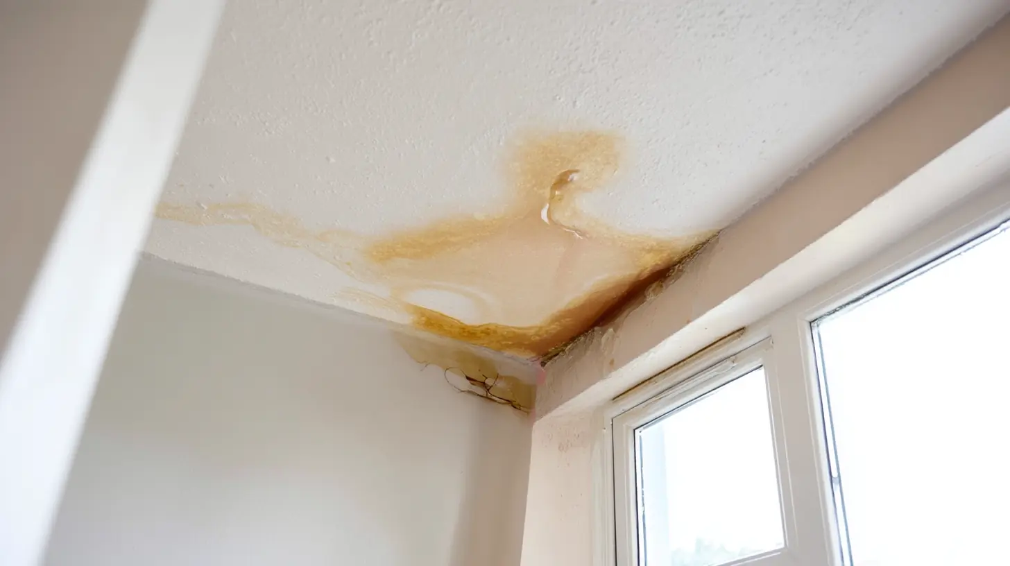 Brown water staining on an interior ceiling beside a window